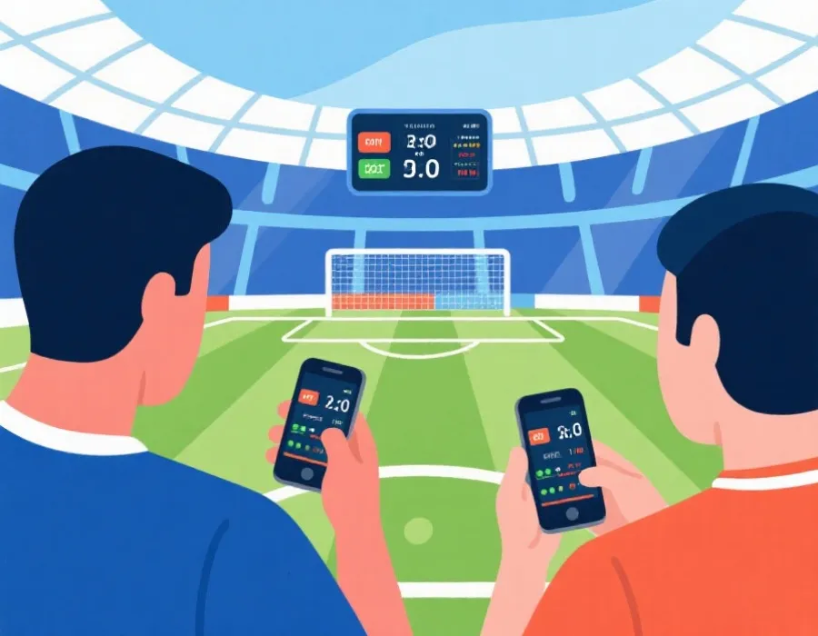 球迷查看世界杯实时比分示意图