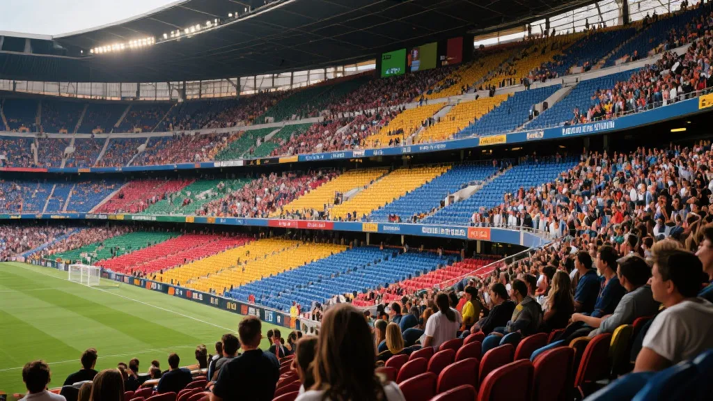 体育场看台全景，不同颜色分区的座椅与热烈人群，强调票价分层与氛围对比